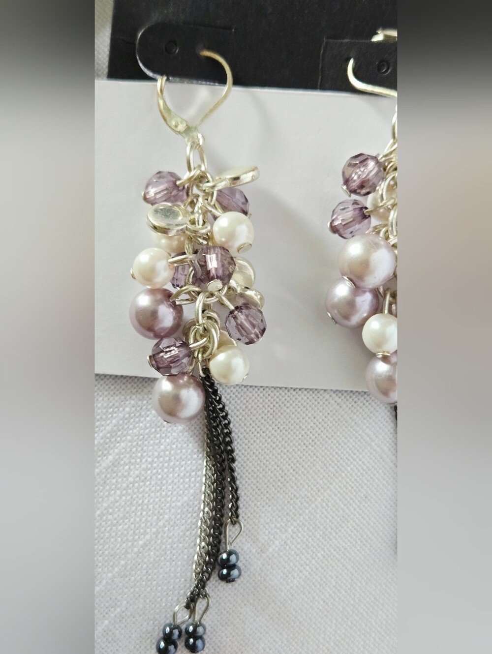 Vintage Fuax Pearl & Purple White Bead Cluster Dangle Earrings - Picture 7 of 16
